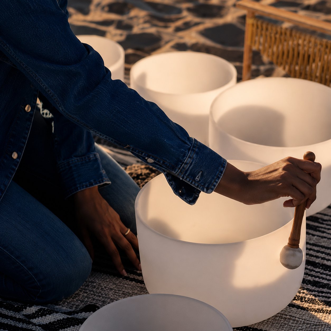 Crystal singing bowls played outdoors at golden hour